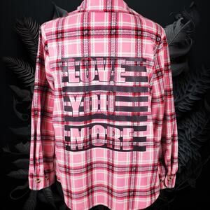 Love You More Valentines Jacket - Fleece Pink and Red Plaid  - Size Medium